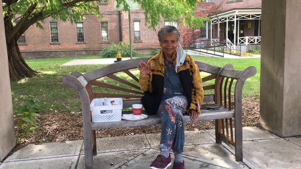Harriett Chamberland sits outside Butler Hospital after a visit to participate in Alzheimer's research at the Memory and Aging Program.