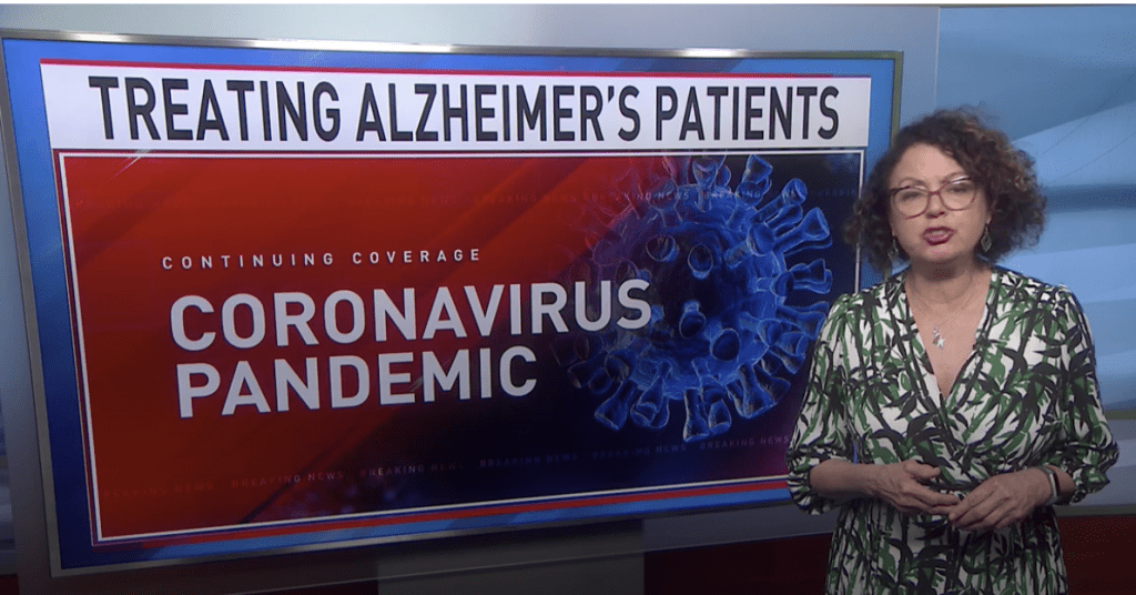 Screenshot of broadcast coverage, WJAR NBC10's Barbara Silva reports on Alzheimer's treatments and research that continues during COVID-19 pandemic.