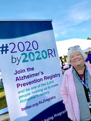 Susan Sullivan, a volunteer with the Memory and Aging Program at Butler Hospital, helps to share information about Alzheimer's research opportunities at the Alzheimer's Association Rhode Island Walk for Alzheimer's in October, 2019.